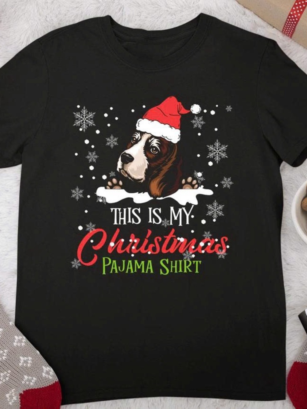 Black Tee with Festive Dog and Red Santa Hat